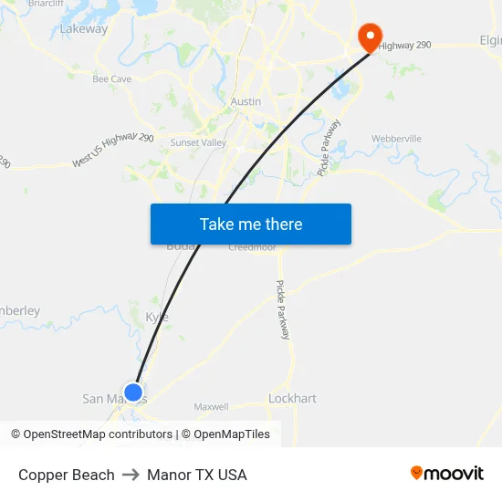 Copper Beach to Manor TX USA map