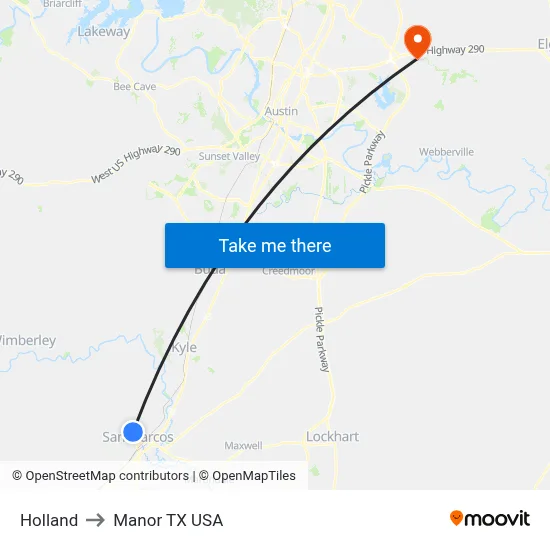 Holland to Manor TX USA map