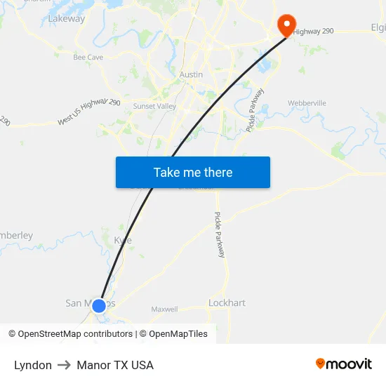 Lyndon to Manor TX USA map