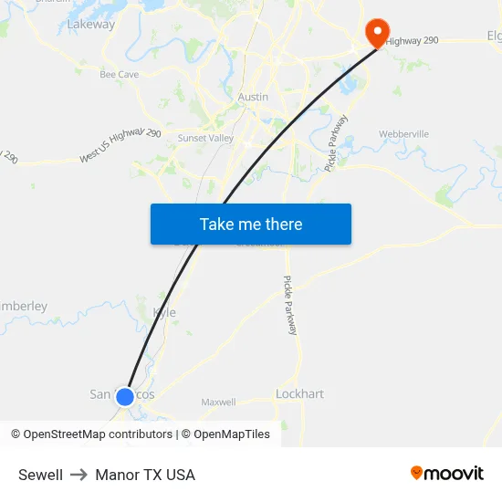 Sewell to Manor TX USA map