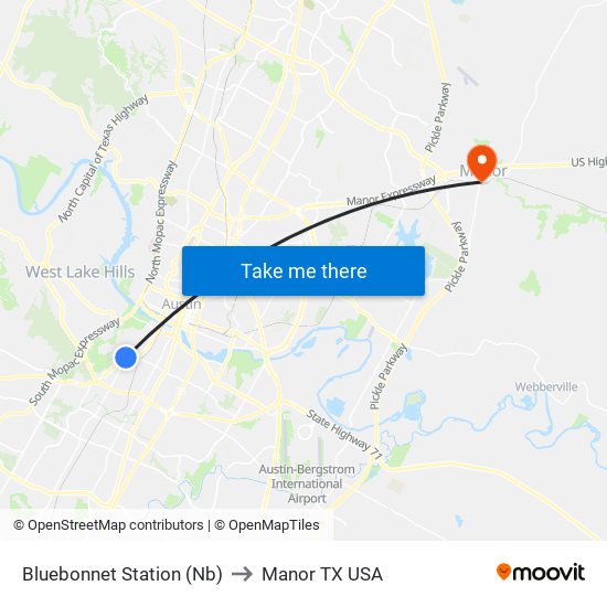 Bluebonnet Station (Nb) to Manor TX USA map