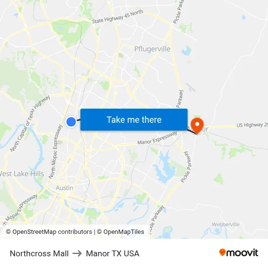 Northcross Mall to Manor TX USA map
