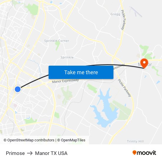 Primose to Manor TX USA map