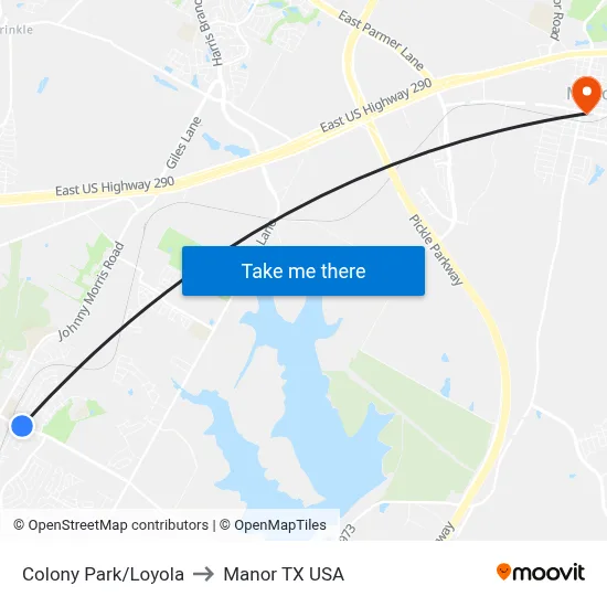 Colony Park/Loyola to Manor TX USA map