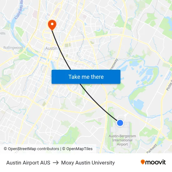 Austin Airport AUS to Moxy Austin University map