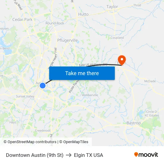 Downtown Austin (9th St) to Elgin TX USA map