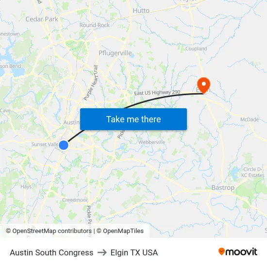 Austin South Congress to Elgin TX USA map