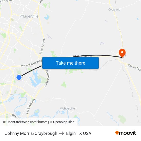 Johnny Morris/Craybrough to Elgin TX USA map