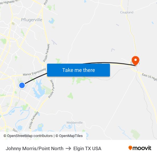 Johnny Morris/Point North to Elgin TX USA map