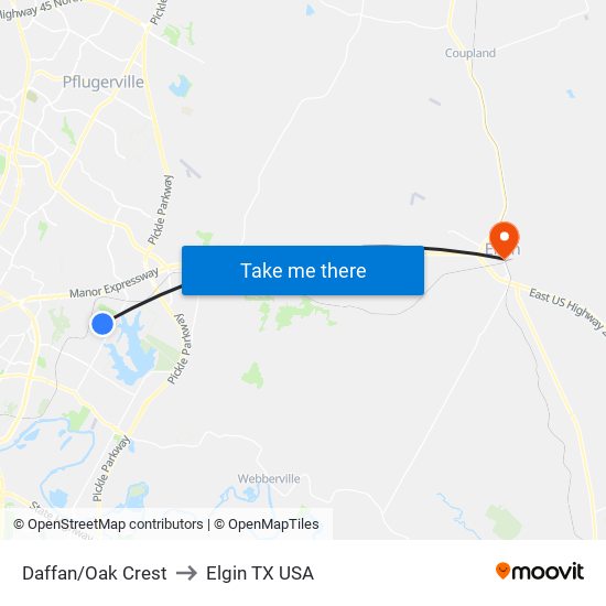 Daffan/Oak Crest to Elgin TX USA map