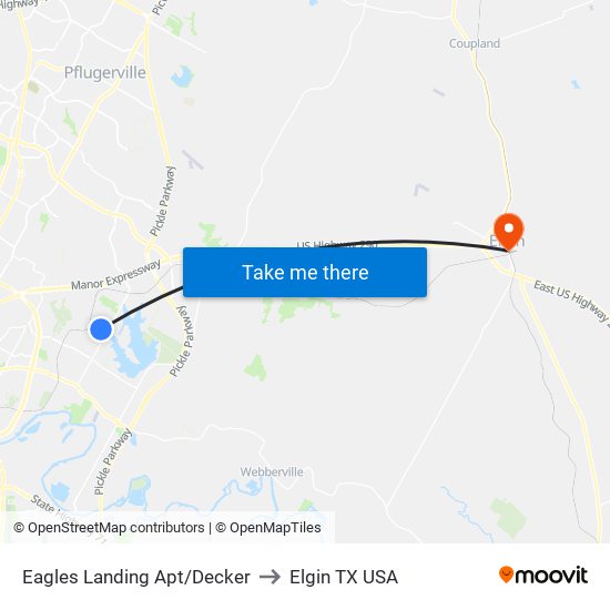Eagles Landing Apt/Decker to Elgin TX USA map