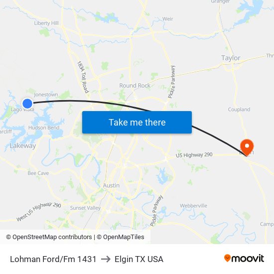 Lohman Ford/Fm 1431 to Elgin TX USA map