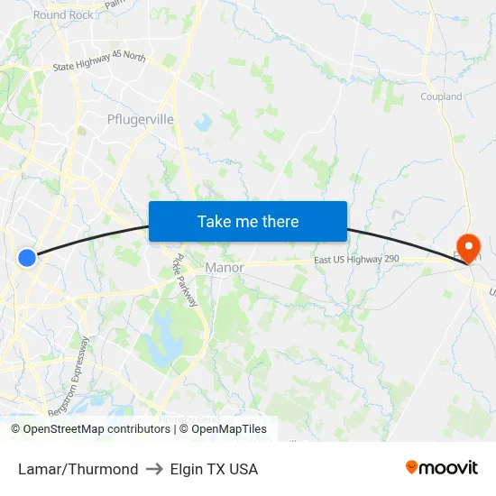 Lamar/Thurmond to Elgin TX USA map