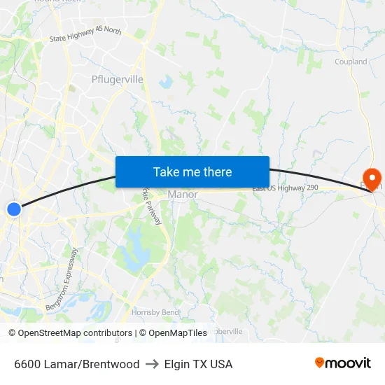 6600 Lamar/Brentwood to Elgin TX USA map