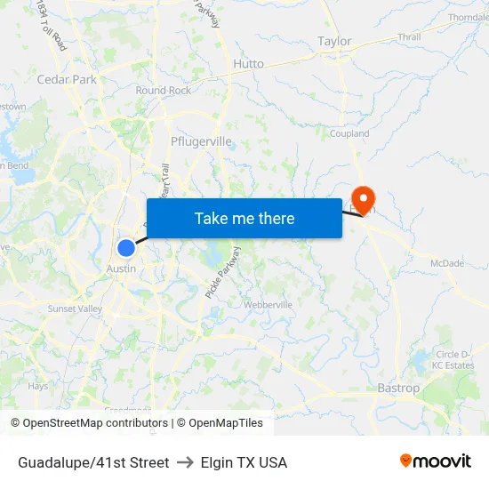 Guadalupe/41st Street to Elgin TX USA map