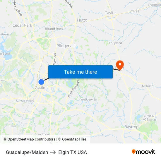 Guadalupe/Maiden to Elgin TX USA map