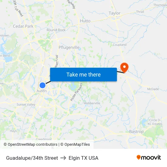 Guadalupe/34th Street to Elgin TX USA map