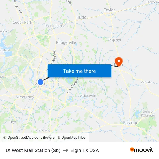 Ut West Mall Station (Sb) to Elgin TX USA map