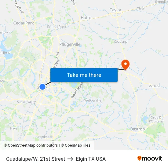 Guadalupe/W. 21st Street to Elgin TX USA map