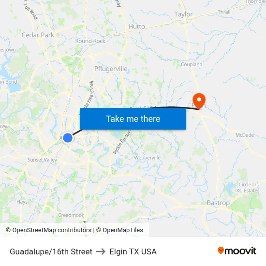 Guadalupe/16th Street to Elgin TX USA map