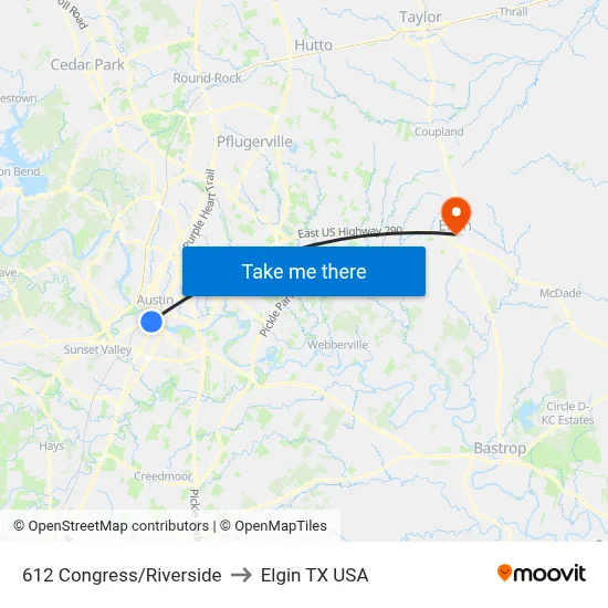 612 Congress/Riverside to Elgin TX USA map