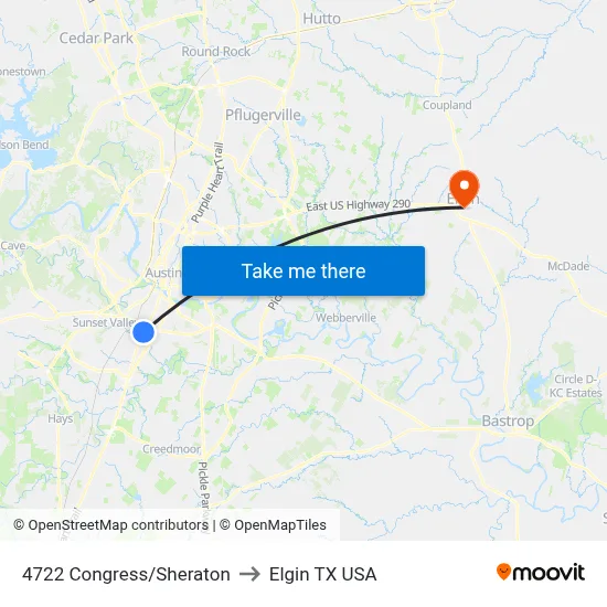 4722 Congress/Sheraton to Elgin TX USA map