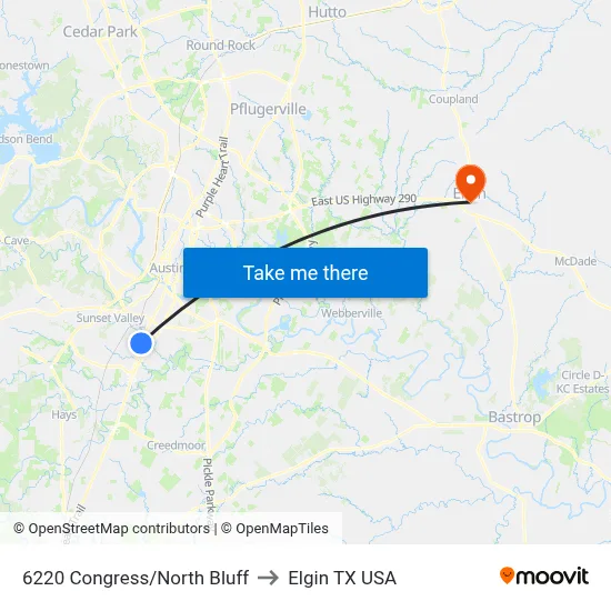6220 Congress/North Bluff to Elgin TX USA map