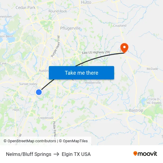 Nelms/Bluff Springs to Elgin TX USA map