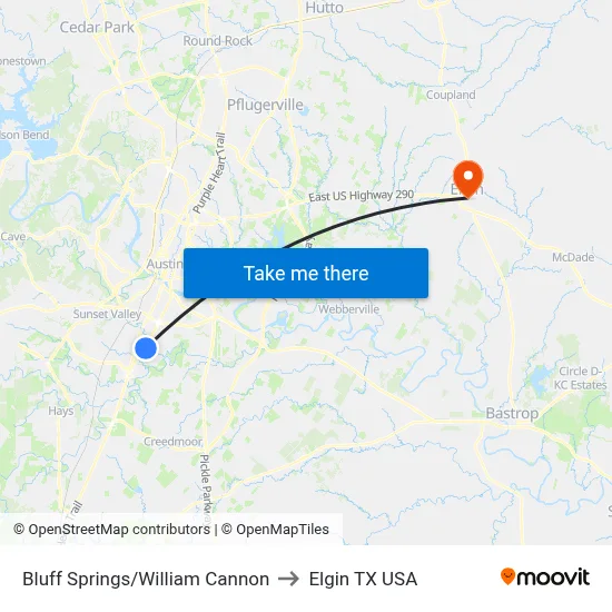Bluff Springs/William Cannon to Elgin TX USA map