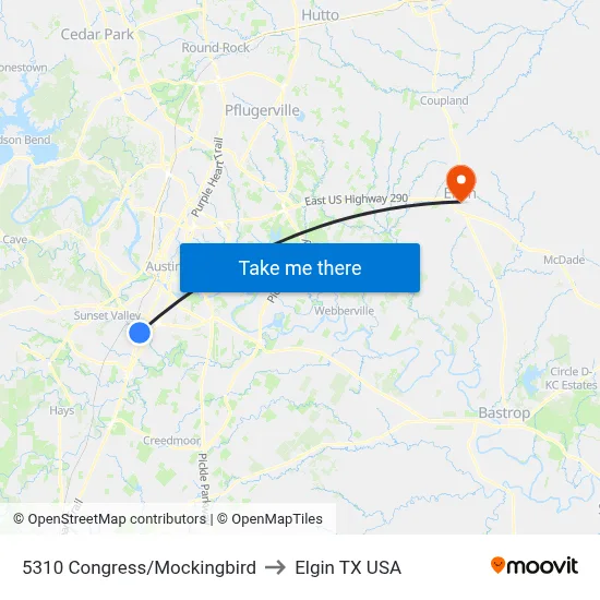 5310 Congress/Mockingbird to Elgin TX USA map