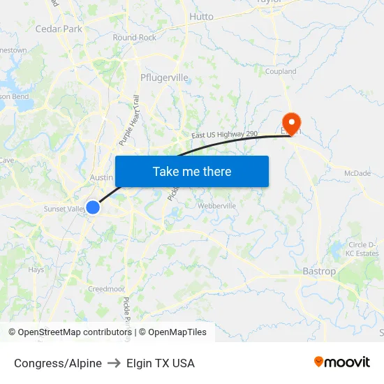 Congress/Alpine to Elgin TX USA map