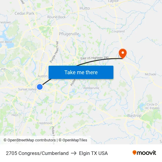 2705 Congress/Cumberland to Elgin TX USA map