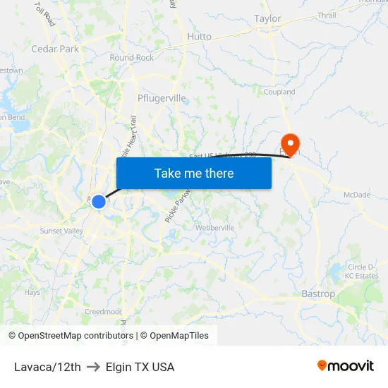 Lavaca/12th to Elgin TX USA map