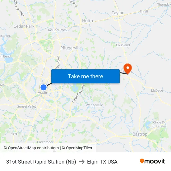 31st Street Rapid  Station (Nb) to Elgin TX USA map