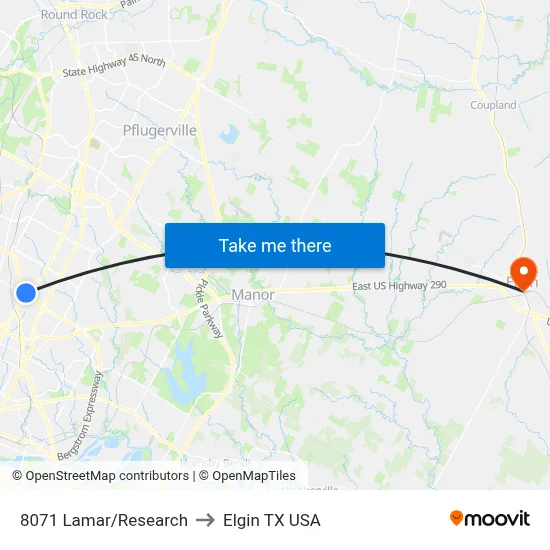 8071 Lamar/Research to Elgin TX USA map