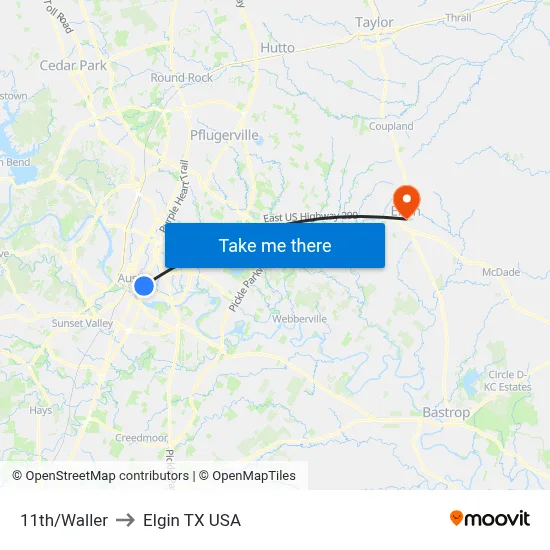 11th/Waller to Elgin TX USA map