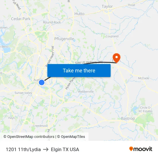 1201 11th/Lydia to Elgin TX USA map