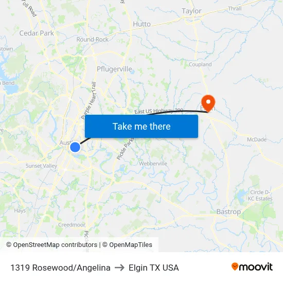1319 Rosewood/Angelina to Elgin TX USA map