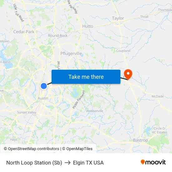 North Loop Station (Sb) to Elgin TX USA map