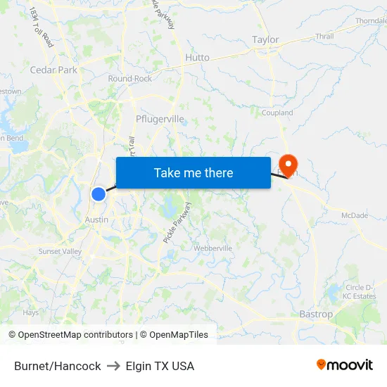 Burnet/Hancock to Elgin TX USA map