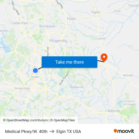 Medical Pkwy/W. 40th to Elgin TX USA map