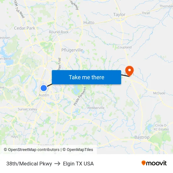 38th/Medical Pkwy to Elgin TX USA map