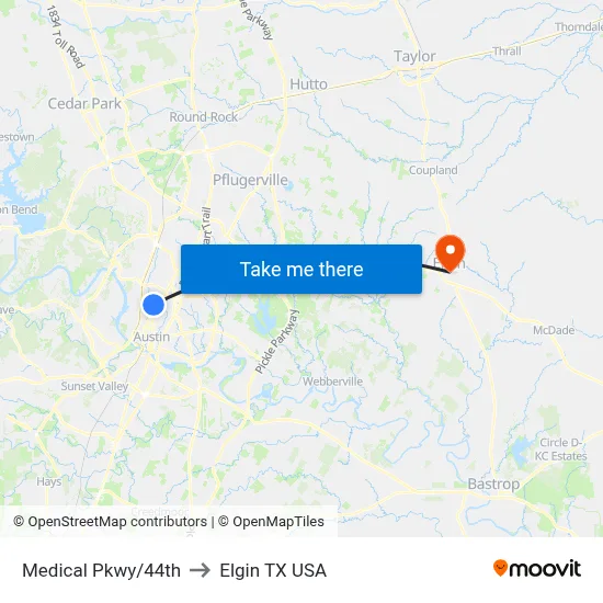 Medical Pkwy/44th to Elgin TX USA map