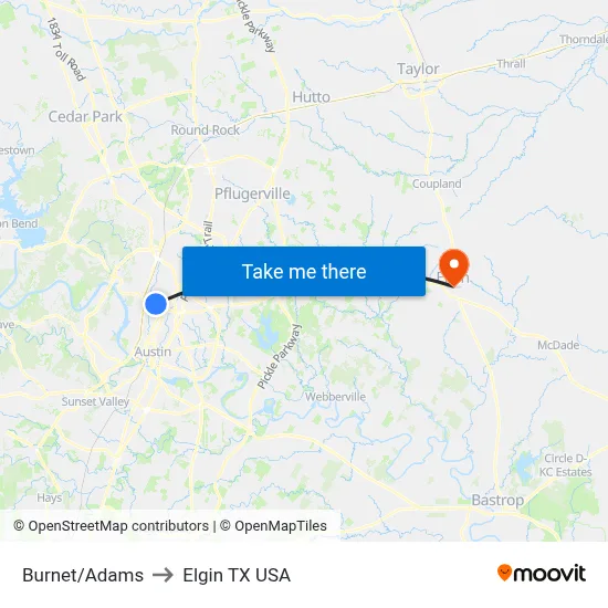 Burnet/Adams to Elgin TX USA map