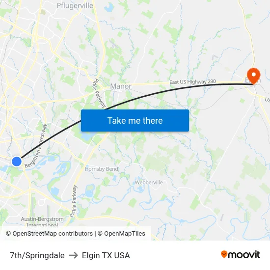 7th/Springdale to Elgin TX USA map