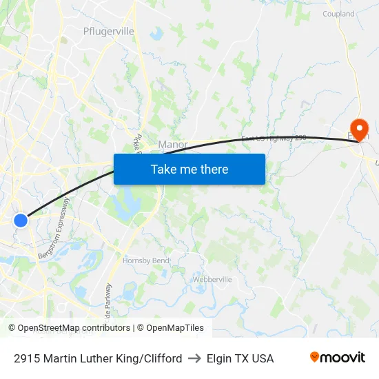 2915 Martin Luther King/Clifford to Elgin TX USA map