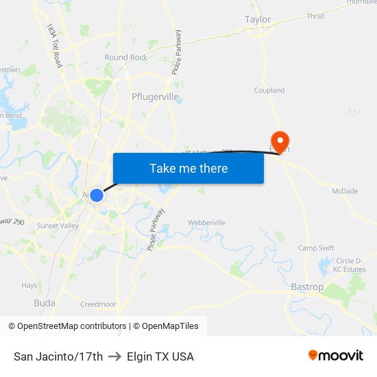 San Jacinto/17th to Elgin TX USA map