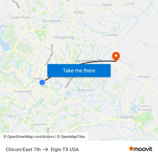 Chicon/East 7th to Elgin TX USA map