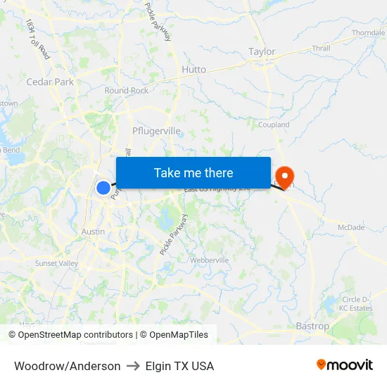 Woodrow/Anderson to Elgin TX USA map