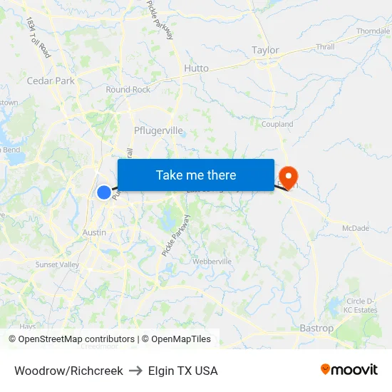 Woodrow/Richcreek to Elgin TX USA map